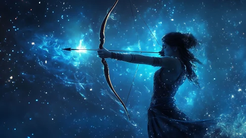 Celestial archer draws luminous bow in deep cosmic nebula.