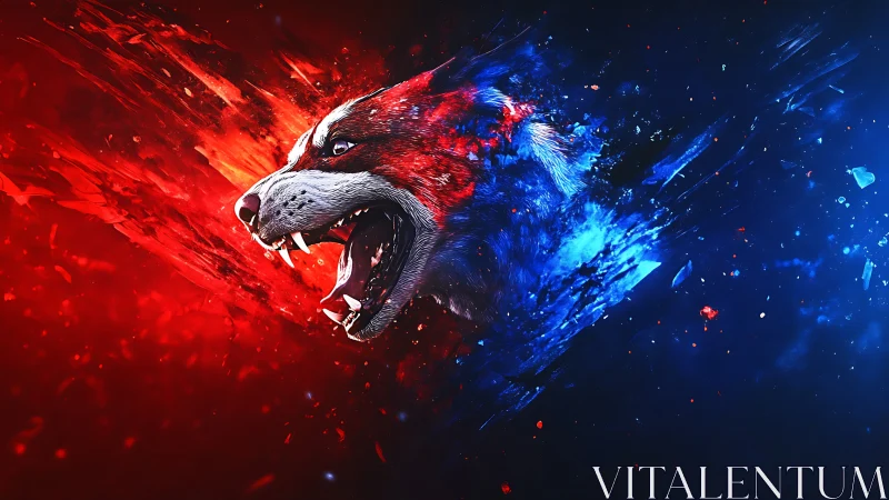 Dual-colored wolf erupts from red and blue energy shards.