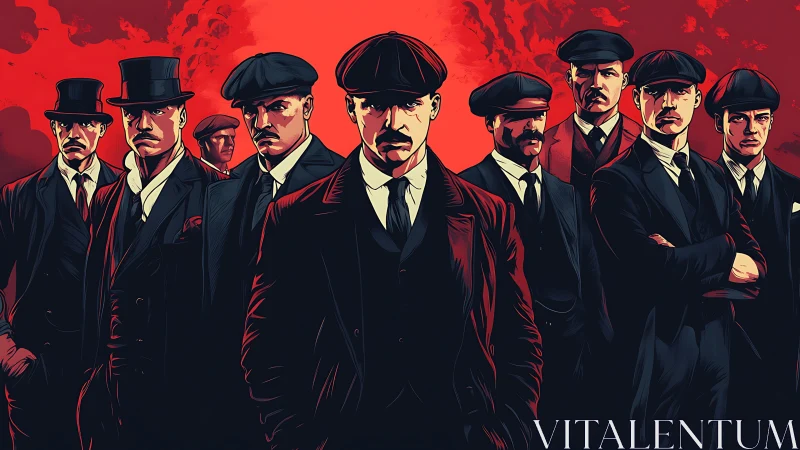 Gang of suited men rendered in high-contrast graphic vector style