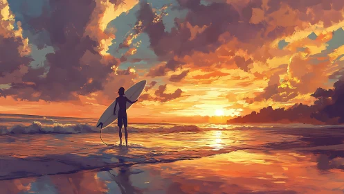 Surfer silhouette studies golden sunset over reflective shore.