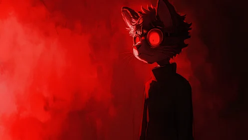 Backlit feline cyborg silhouette in saturated red field.