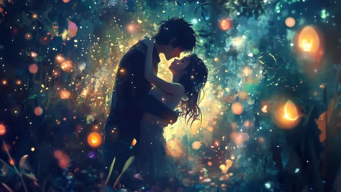 Luminous Embrace: Two Figures Surrounded by Glowing Lights.