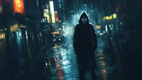Hooded figure with glowing eyes in neon soaked night rain.