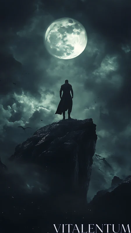 Moonlit wanderer crowns the cliff in stormlit solitude