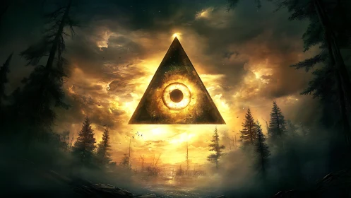Luminous triangle eye hovers over dark misty forest horizon