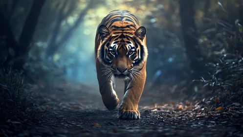 Low-angle stalking tiger rendered with shallow depth and cool bokeh