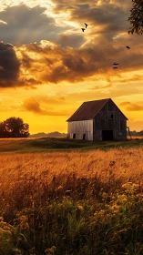Sunset barn stands quiet while the prairie fields burn gold