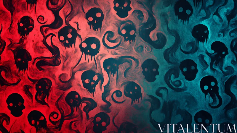 Skull silhouettes drift through red and teal spectral haze.