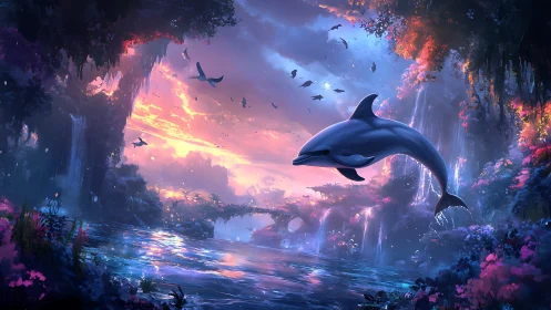 Dolphin moves through luminous river canyon under dusk sky