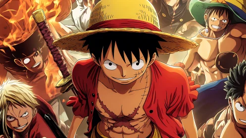 Straw hat pirate leader strides forward with crew behind him