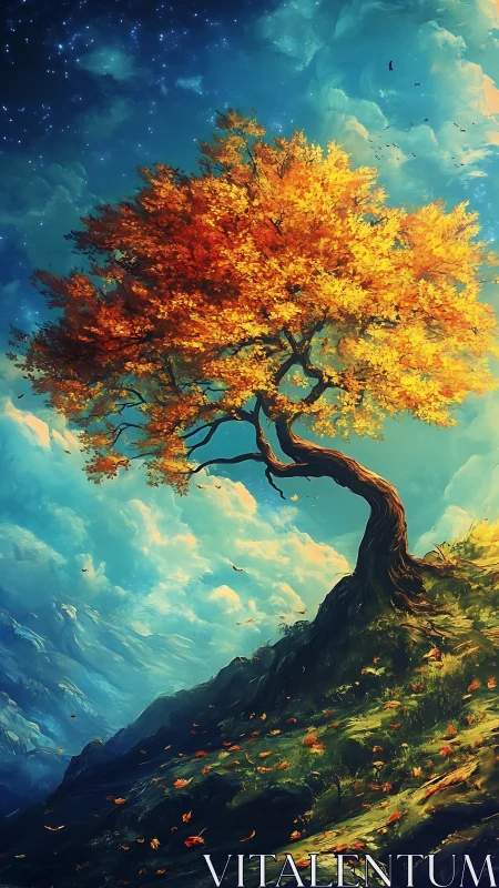 Stargazing autumn tree leaning over a dream-bright cliffside.