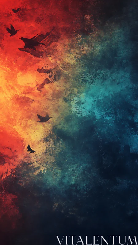 Silhouetted birds against red yellow and blue textured sky.