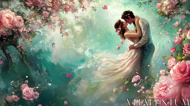 Romantic Moment Among Blooming Flowers.