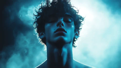 Moody blue portrait captures closed-eyed youth in mist