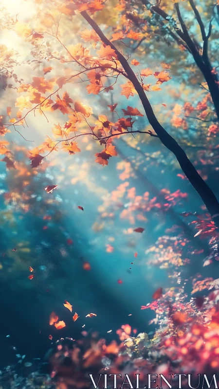Autumn foliage with light beams in a softly lit forest scene.
