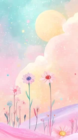 Dreamy pastel flower meadow under a glowing cotton candy sky.