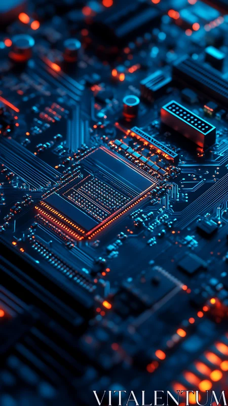 Close-up view of illuminated circuit board with microchip.
