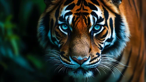 High-contrast close-up of tiger face with cyan reflective eyes