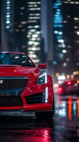 Red performance sedan with LED signature in wet neon city street