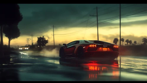 Night rain turns supercar taillights into liquid neon fire