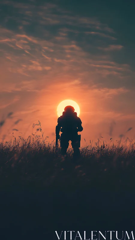 Astronaut silhouette aligned with sun over dusk field.