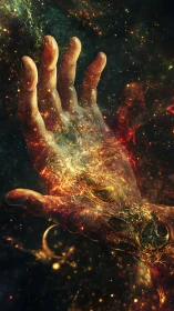 Cosmic hand dissolving into swirling galactic nebulae.