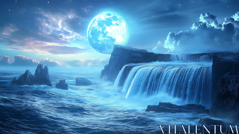 Digital seascape depicts moonlit waterfalls on coastal cliffs