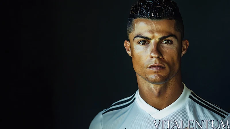 Male football player portrait in white jersey against dark