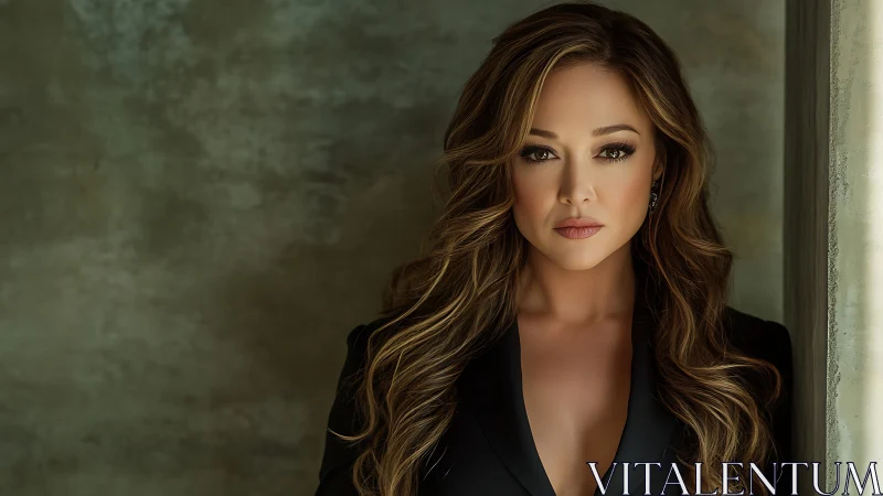 Confident woman in black blazer, elegant modern portrait photography.