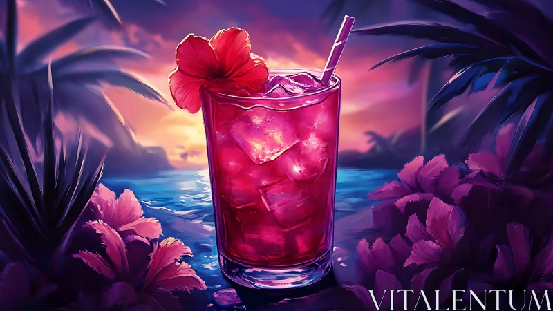 Glowing Tropical Cocktail with Flower Garnish at Sunset