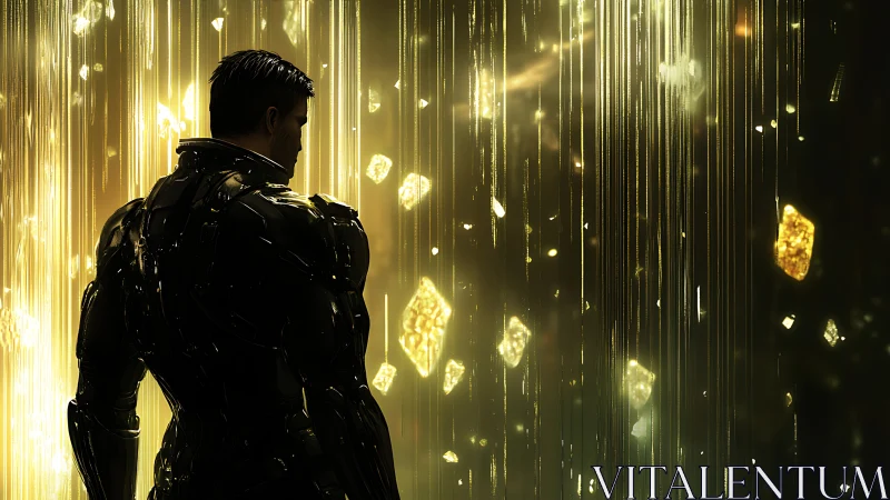 Armored figure stands before cascading golden light streams