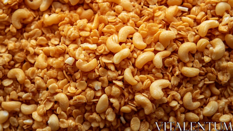 Crunchy cashew granola mix in tight macro composition.