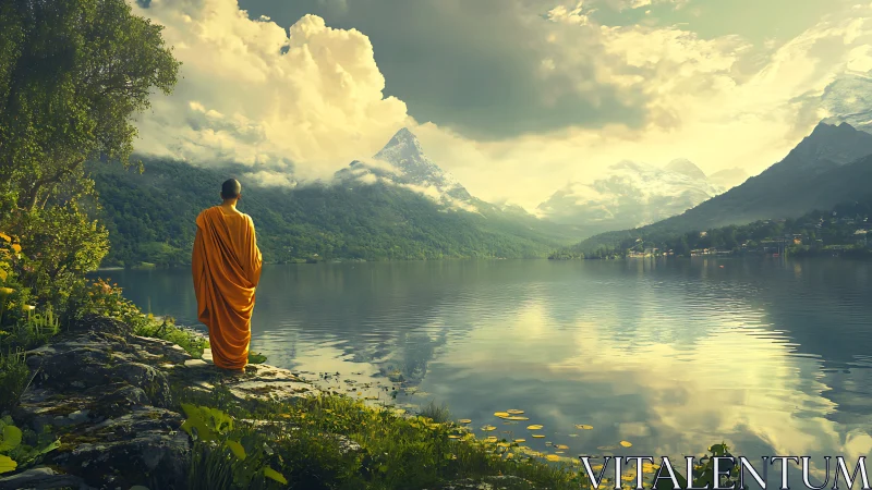 Monk in orange robe observing mountain lake landscape scene.