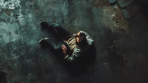 Man on worn concrete floor captured from above in shadow.