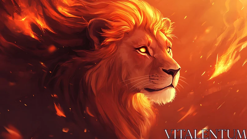 Lion head in stylized fiery environment digital artwork.