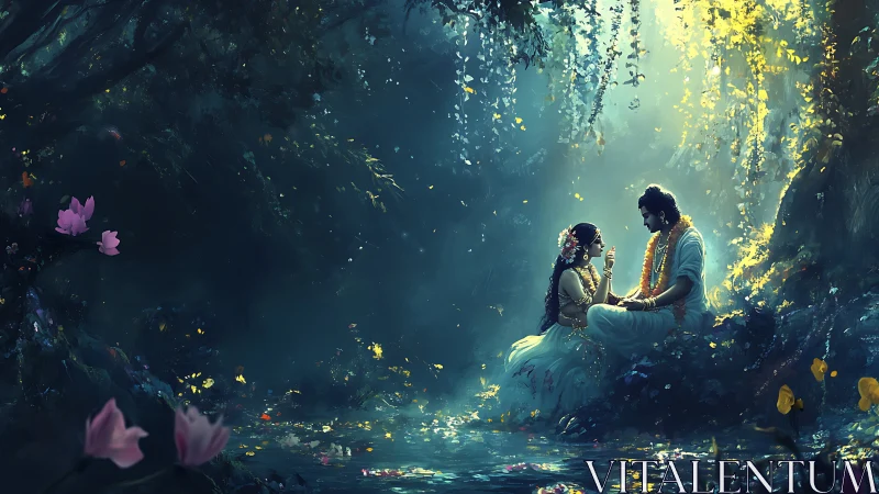 Couple in Enchanted Garden with Bioluminescent Light.