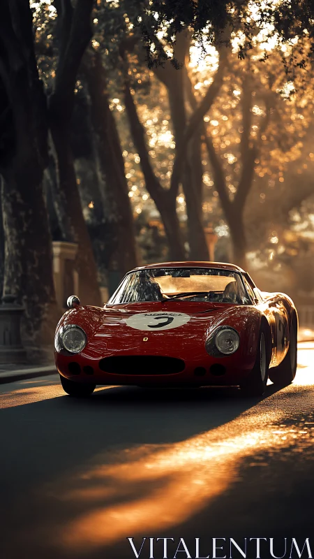 Sunlit scarlet racer gliding through an amber avenue of trees.
