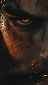 Incandescent irised combatant in ember-scorched close-up frame.