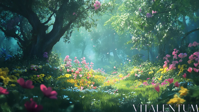 Sunlit forest meadow blooming with soft, dreamy wildflowers.