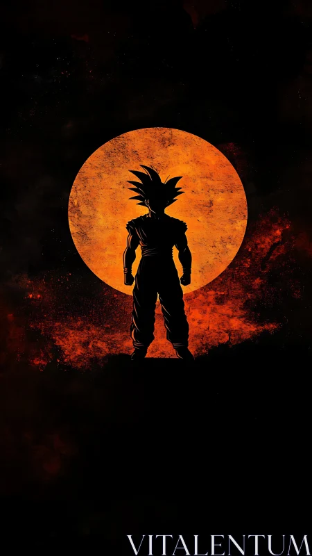 Silhouetted spiky-haired figure before textured orange circle.