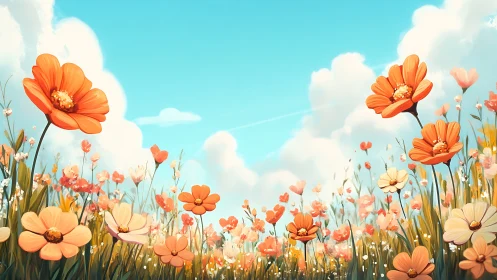 Orange wildflower field stretches under bright summer sky