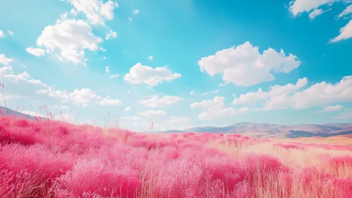 Dreamlike pink meadow unfolds beneath radiant blue skies.