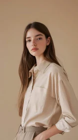 Soft beige muse in minimalist studio calm, quietly glowing.