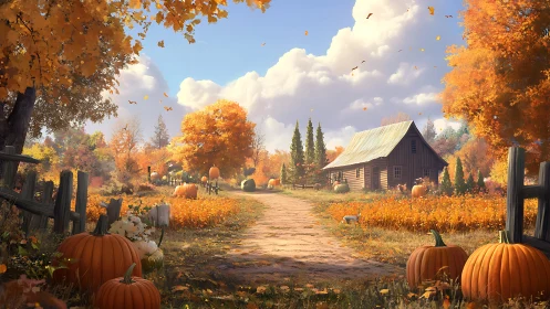 Autumn farm lane with pumpkins rendered in high-detail 3D lighting