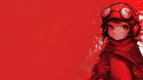 Red-clad anime child with goggles against bold red field.
