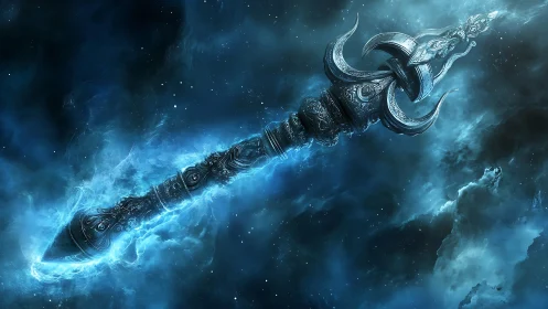 Celestial trident-spear drifts through luminous cosmic storm.