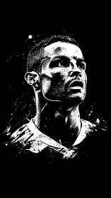 Monochrome football portrait in stark graphic contrast.