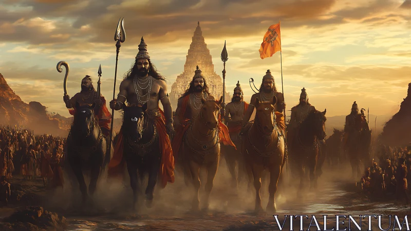 Mythic warrior cavalcade before temple at dusk.