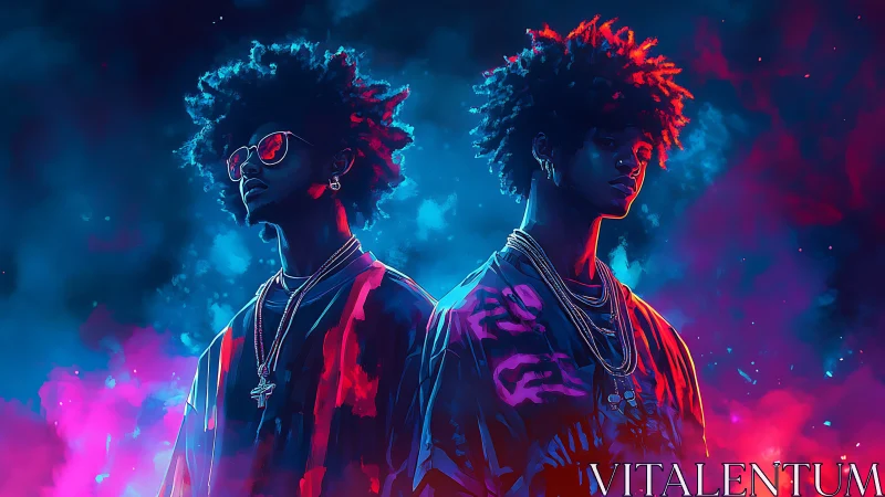 Neon-lit dual portraits of stylish youths in vaporwave haze