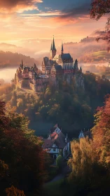 Hilltop castle above valley village in autumn light.